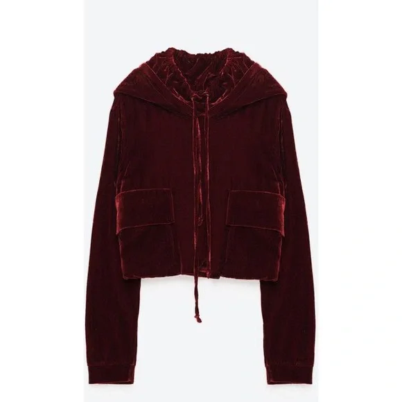 Luxe ZARA Red Burgundy Velvet Hoodie Pullover Sweatshirt - Picture 2 of 5